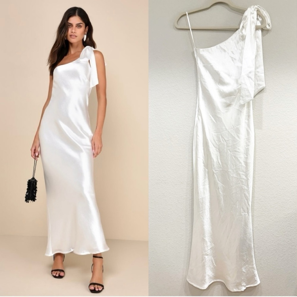 NWOT Lulus Lavish‎ Looks Ivory Satin One-Shoulder Tie-Strap Maxi Dress